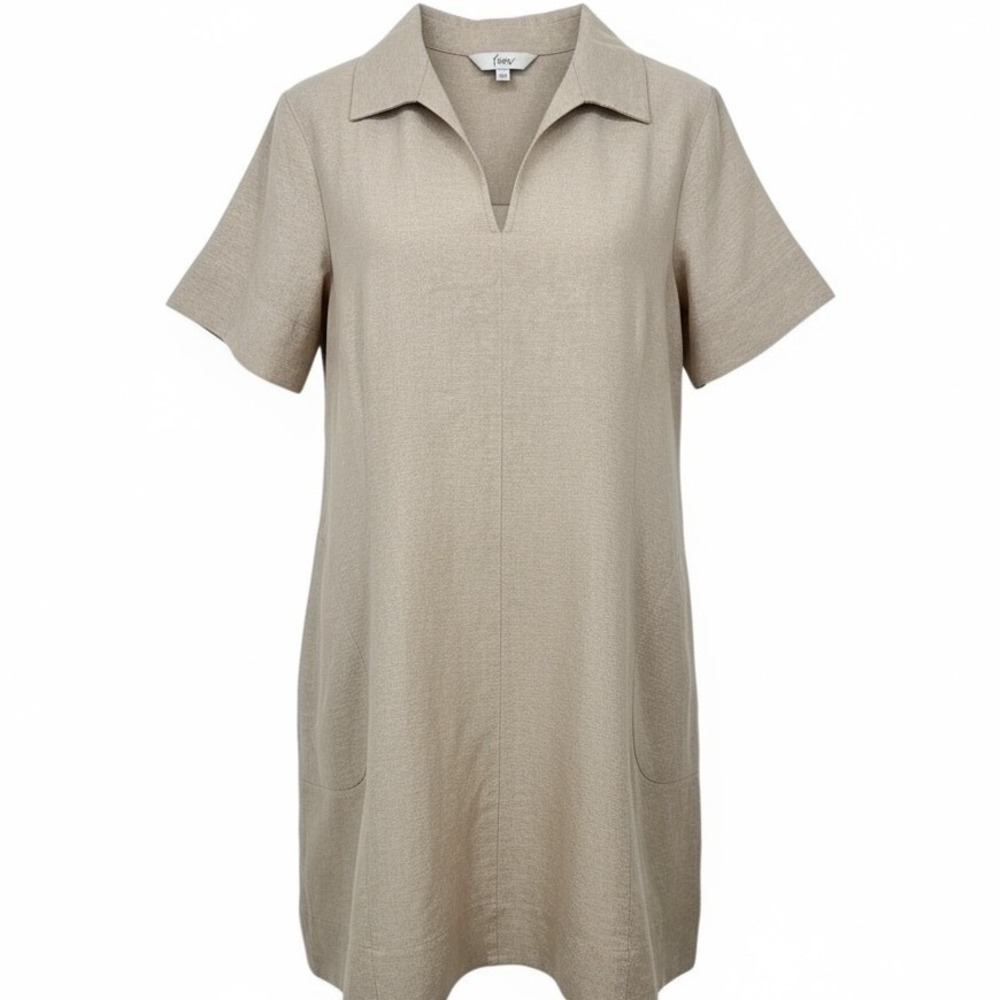 Finley Size MEDIUM Gold Beige Linen‎ Blend Collared Short Sleeve Dress - CJ